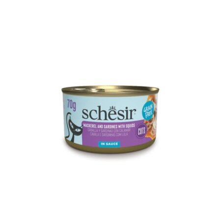 SCHESIR  CAT GRILL MACKEREL AND SARDINES WITH SQUID CUTS IN SAUCE CAN 70gr