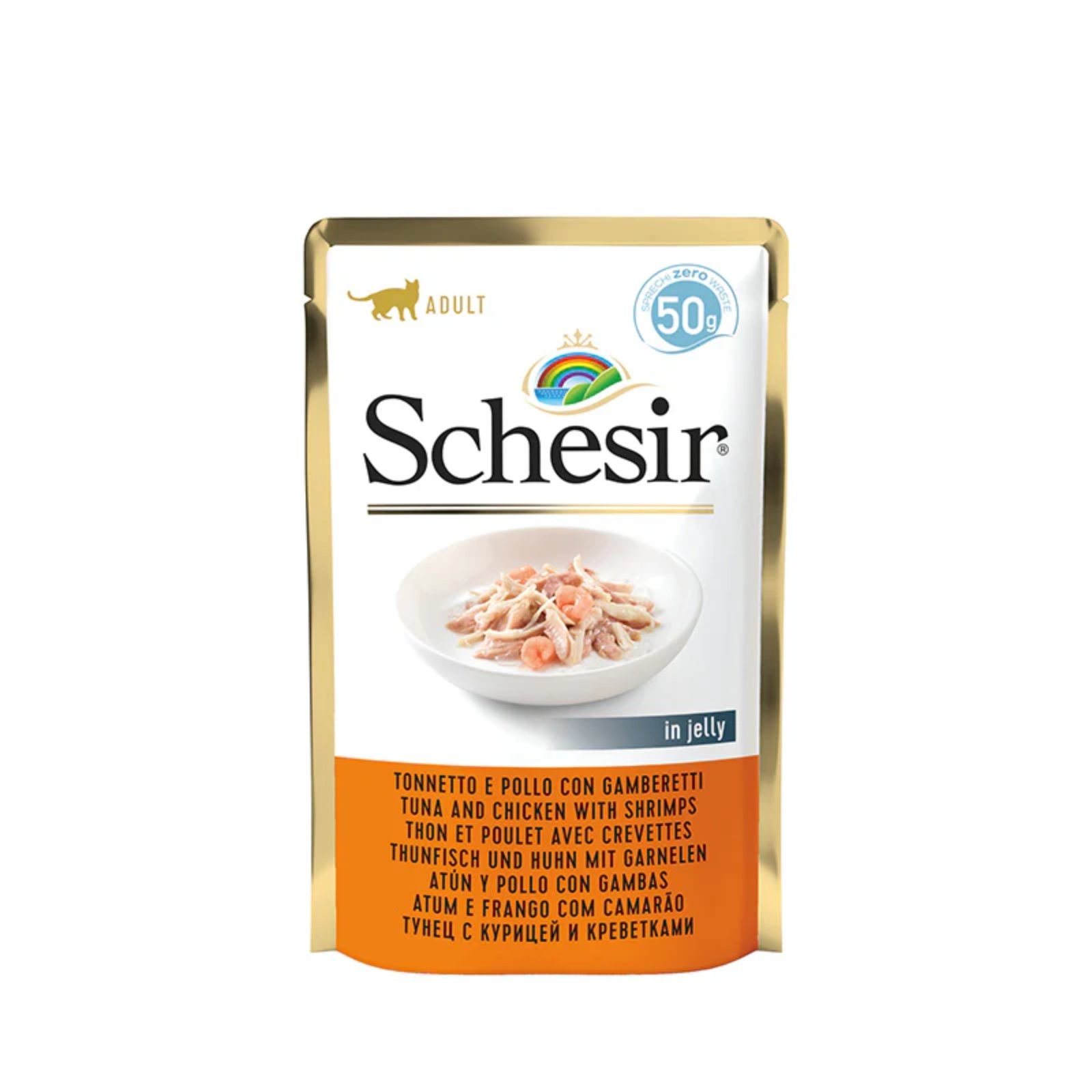 schesir-cat-wet food-Tuna And Chicken With Shrimps in jelly 50g in pouch