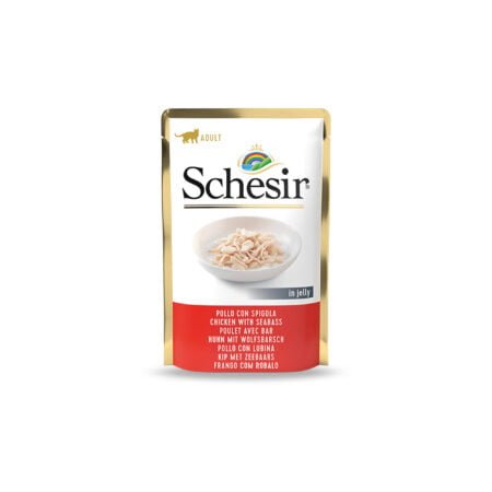 SCHESIR CAT CHICKEN FILLETS WITH SEABASS IN JELLY POUCH 85gr