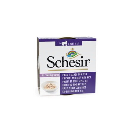 SCHESIR CAT CHICKEN AND BEEF WITH RICE IN COOKING WATER 85gr