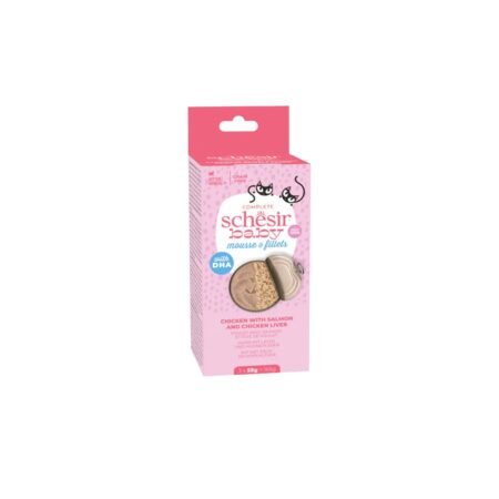 SCHESIR CAT BABY CHICKEN AND SALMON AND LIVER MOUSSE AND SHREDS CAN 3*55gr