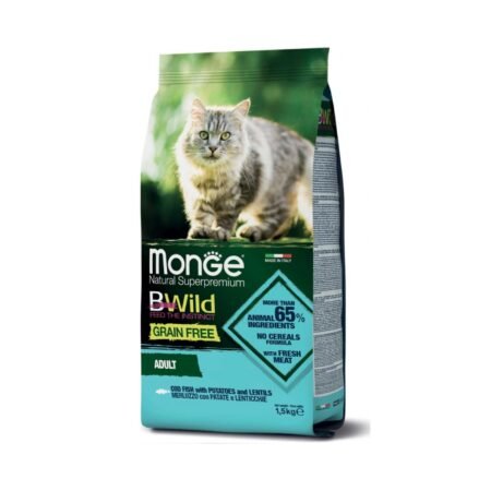 MONGE BWILD FEL GRAIN FREE ADULT CATS CODFISH POTATOES AND LENTILS  1.5kg